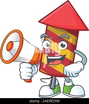 Funny cartoon style of red stripes fireworks rocket with megaphone Stock Vector