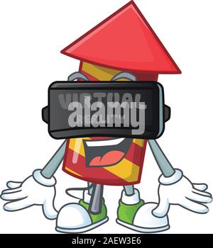 cool red stripes fireworks rocket character in Virtual reality headset Stock Vector
