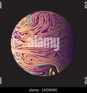 Decorative colorful striped marble planet design on black background. Stock Vector