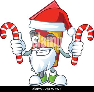 Red stripes fireworks rocket Cartoon character in Santa with candy Stock Vector