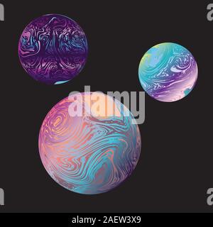 Decorative colorful striped marble planet design on black background. Stock Vector