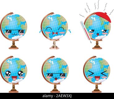Cartoon Earth globe in different expressions, kawaii faces. Stock Vector