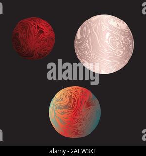 Decorative colorful striped marble planet design on black background. Stock Vector