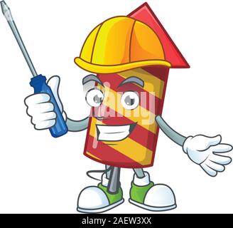 Cool automotive red stripes fireworks rocket presented in cartoon character style Stock Vector