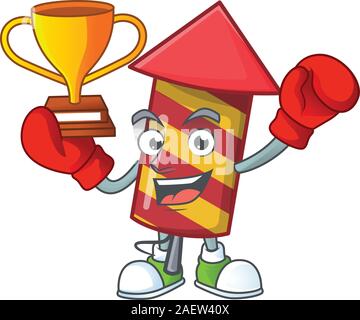Super cool Boxing winner red stripes fireworks rocket in mascot cartoon style Stock Vector