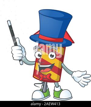 Cartoon character of red stripes fireworks rocket Magician style Stock Vector