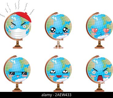 Cartoon Earth globe in different expressions, kawaii faces. Stock Vector