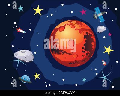Red planet Mars in the space with stars and shuttles. Stock Vector