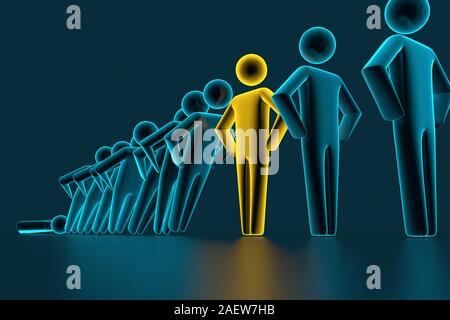 Concept of domino effect in business. Fall of the crumbling business is saved by special employee leader. The line of dominoes from the blue figures of the man is falling, one gold man stops the fall. 3d rendering Stock Photo
