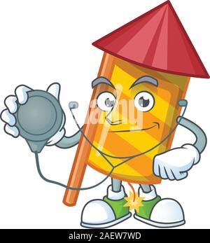 Yellow stripes fireworks rocket cartoon mascot style in a Doctor costume with tools Stock Vector