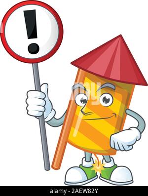 Cartoon style of yellow stripes fireworks rocket with sign in his hand Stock Vector