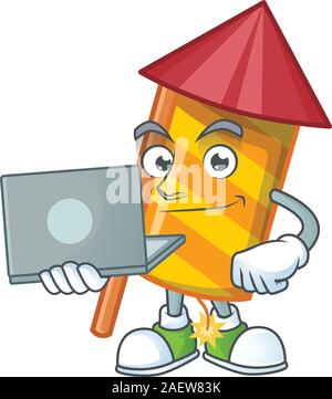 Happy smiling yellow stripes fireworks rocket cartoon character working with laptop Stock Vector