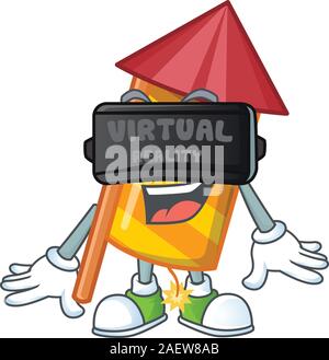 cool yellow stripes fireworks rocket character in Virtual reality headset Stock Vector