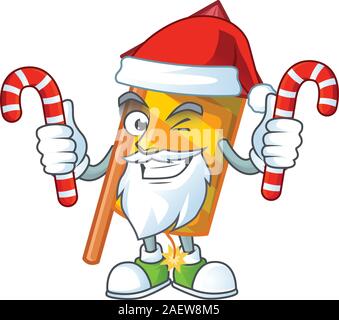Yellow stripes fireworks rocket Cartoon character in Santa with candy Stock Vector