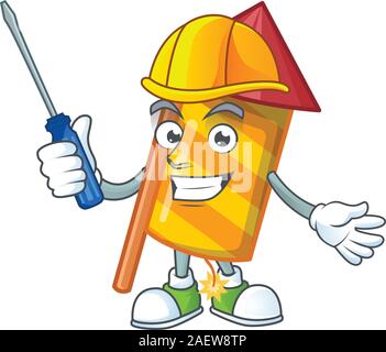 Cool automotive yellow stripes fireworks rocket presented in cartoon character style Stock Vector