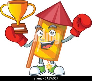 Super cool Boxing winner yellow stripes fireworks rocket in mascot cartoon style Stock Vector