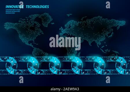 Blockchain global business symbol concept. Chain connection World map information security. 3D low poly polygonal geometric design. Global technology Stock Vector