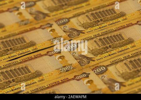 United Arab Emirates Dirham banknotes background. UAE Dirhams pattern. 200 dirhams Stock Photo