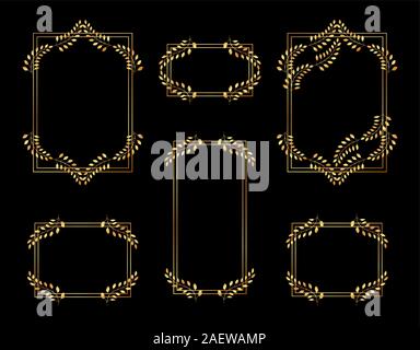 Collection of vintage gold frames with foliage decoration. Stock Vector