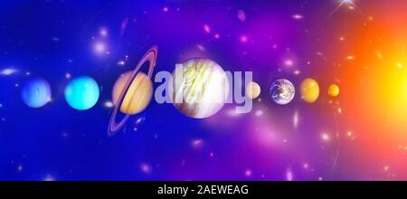 Planets of the solar system. Sun, Mercury, Venus, Earth, Mars, Jupiter, Saturn, Uranus, Neptune Stock Photo