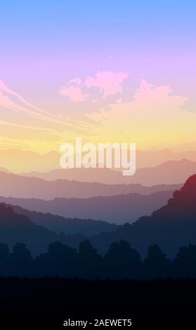 Natural forest trees mountains horizon hills Sunrise and sunset Landscape wallpaper Illustration vector style Colorful view background Stock Vector