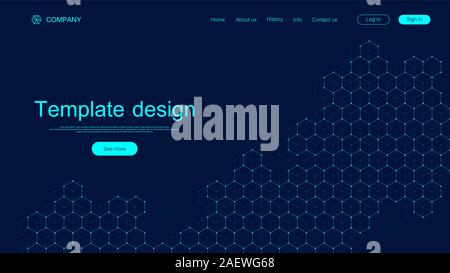 Website template design. Asbtract scientific background with colorful dynamic waves, hexagonal innovation pattern. Modern landing page for websites or Stock Vector