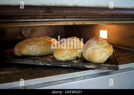 Three loaves of bread in the baking oven Stock Photo