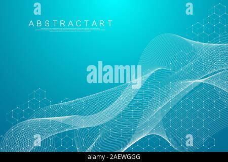 Abstract hexagonal boxes background. Molecular structure with hexagons lines and dots. Medical banner template design. Science and technology concept Stock Vector