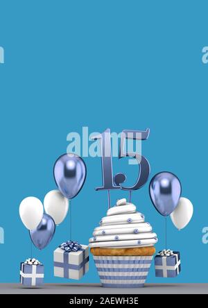 Number 15 blue birthday cupcake with balloons and gifts. 3D Render Stock Photo