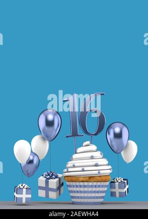 Number 16 blue birthday cupcake with balloons and gifts. 3D Render Stock Photo