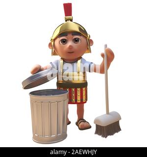 Cartoon 3d Roman legionnaire soldier cleaning up with a broom and trash can, 3d illustration render Stock Photo