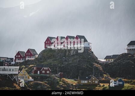 Colourful little Arctic town Sisimiut in Greenland,Qeqqata Municipality, aka Holsteinsborg . Second largest city in Greenland. Overview of port area Stock Photo