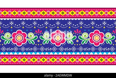 Pakistani truck art vector seamless pattern, Indian truck floral long horizontal design with flowers, leaves and abstract shapes Stock Vector
