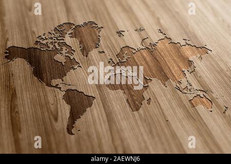 World Map on a Wooden Background Stock Photo