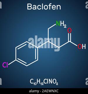 Baclofen molecule C10H12ClNO2, is a medication used to treat muscle spasticity. Structural chemical formula on the dark blue background. Vector illust Stock Vector