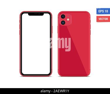 Realistic vector flat mock-up Apple iPhone 11 red with blank screen isolated on white background. Scale image any resolution Stock Vector