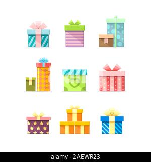 9 Colorful vector flat boxes with ribbons isolated on white background. Package, gift, present, happy birthday, party box icons set 3 Stock Vector