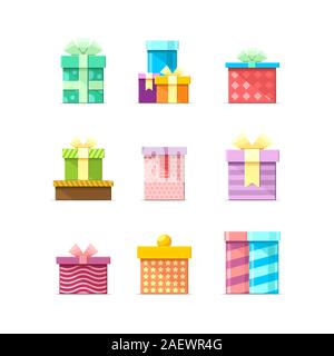 9 Colorful vector flat boxes with ribbons isolated on white background. Package, gift, present, happy birthday, party box icons set 4 Stock Vector