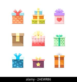 9 Colorful vector flat boxes with ribbons isolated on white background. Package, gift, present, happy birthday, party box icons set 2 Stock Vector