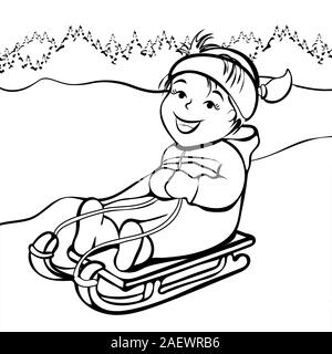 Girl sledding, cartoon character, black and white outline hand drawing, coloring, winter kids fun. Cute happy child joyful rides in sled on snow hill Stock Vector