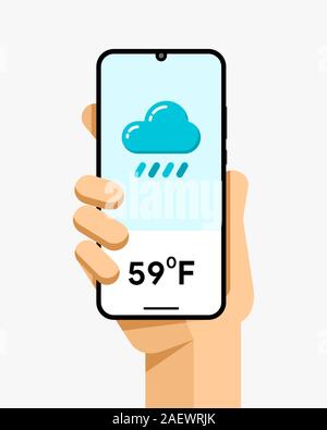 Smartphone mockup in human hand. Weather temperature application. Autumn, cloud, rain. EPS10 Vector Stock Vector