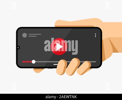 Smartphone mockup in human hand. Video player application. Play, pause, slider button. EPS10 Vector Stock Vector