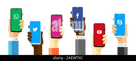 Social media communication with a lot of peoples via application. WhatsApp, Twitter, Facebook, Instagram, YouTube, Skype. EPS10 Vector Stock Vector
