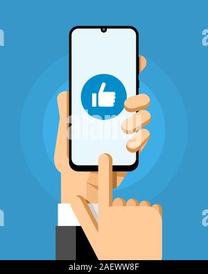 Smartphone mockup in human hand. Social media communication. Like button. EPS10 Vector Stock Vector