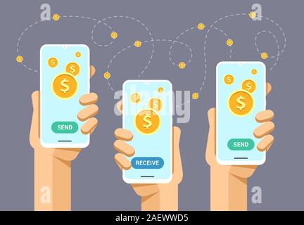 Smartphone mockup in human hand. Send and receive money finance operation. Vector flat colorful technology illustration Stock Vector