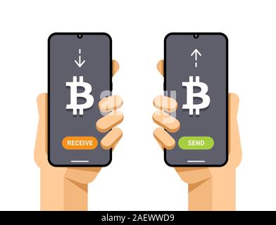 Smartphones with cryptocurrency transaction operation. Send and receive bitcoin. Electronic wallet Stock Vector