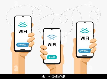 Smartphone mockup in human hand. Wifi signal share and connect. Network zone connectivity. Vector flat colorful technology illustration Stock Vector