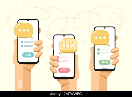 Smartphone mockup in human hand. Messaging with a lot people. SMS send button. Vector flat colorful technology illustration Stock Vector