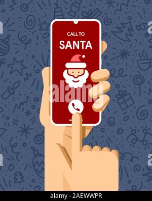 Smartphone mockup in human hand. Call to Santa. Merry Christmas and Happy New Year. EPS10 Vector Stock Vector