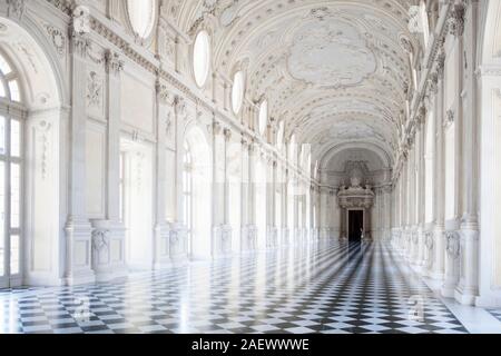 Venaria, Italy - June 27, 2014: Reggia of Venaria Reale. View of Galleria di Diana in Venaria Royal Palace, Turin, Romania Stock Photo